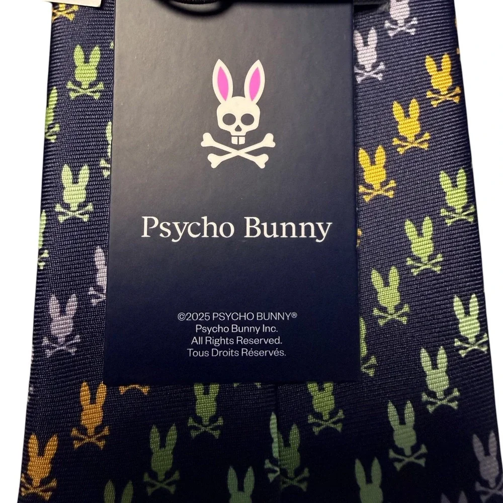Psycho Bunny Mens 100% Silk Tie Navy Blue and Multi Color Logo Print